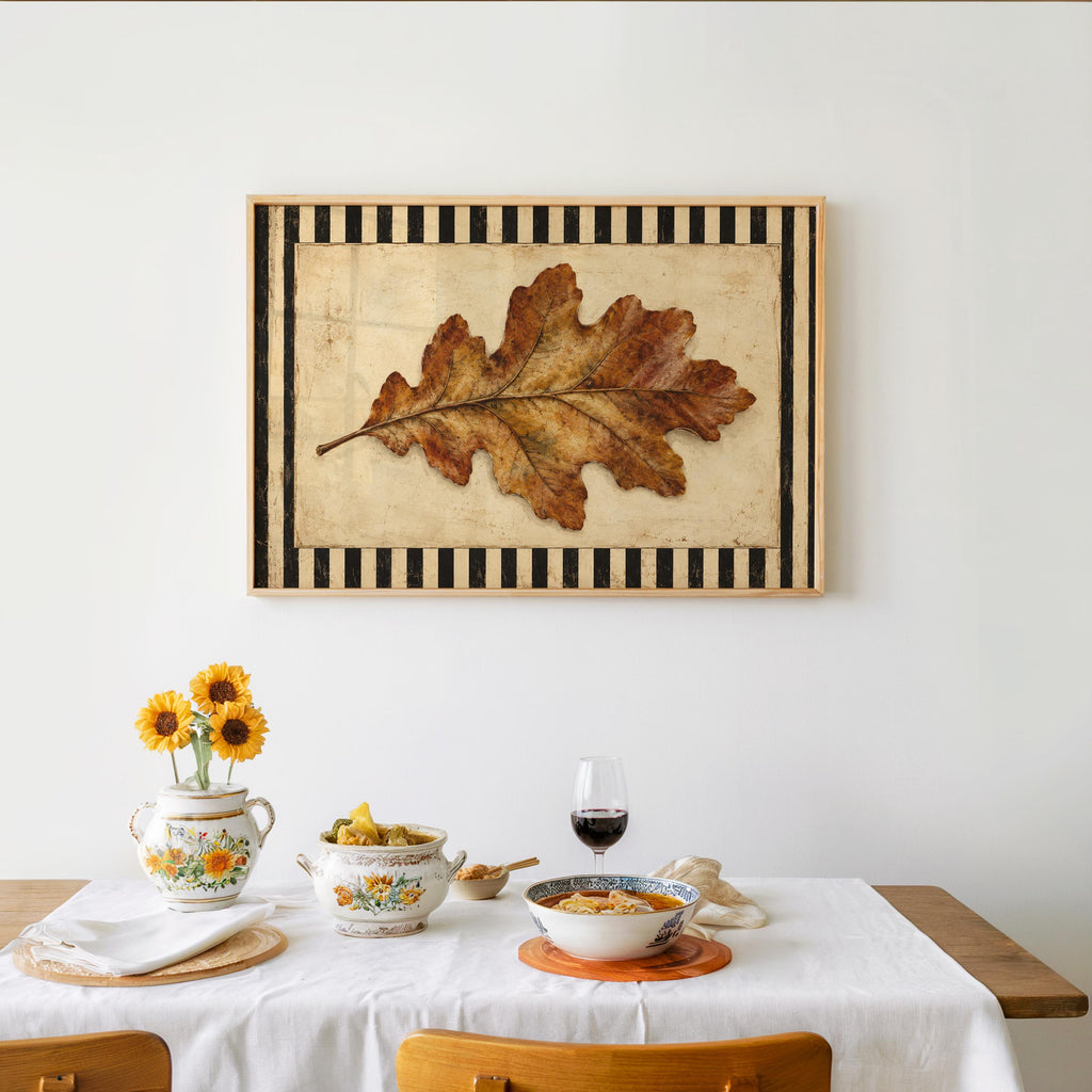 Autumn Oak Leaf Print, Rustic Retro Wall Art, Antique Botanical Poster, Black & White Striped Decor, Farmhouse Fall Gift