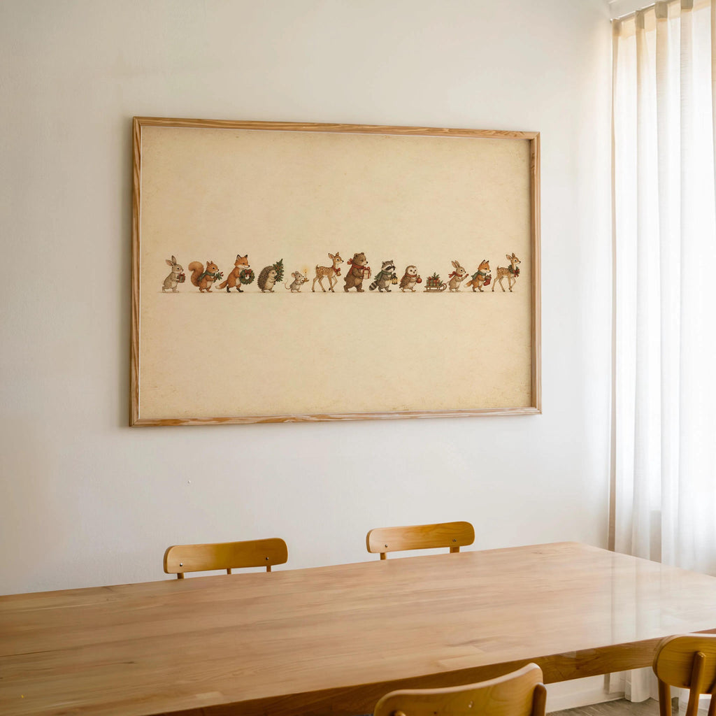 Large woodland animal Christmas print above a wooden dining table, airy curtains, warm cream paper