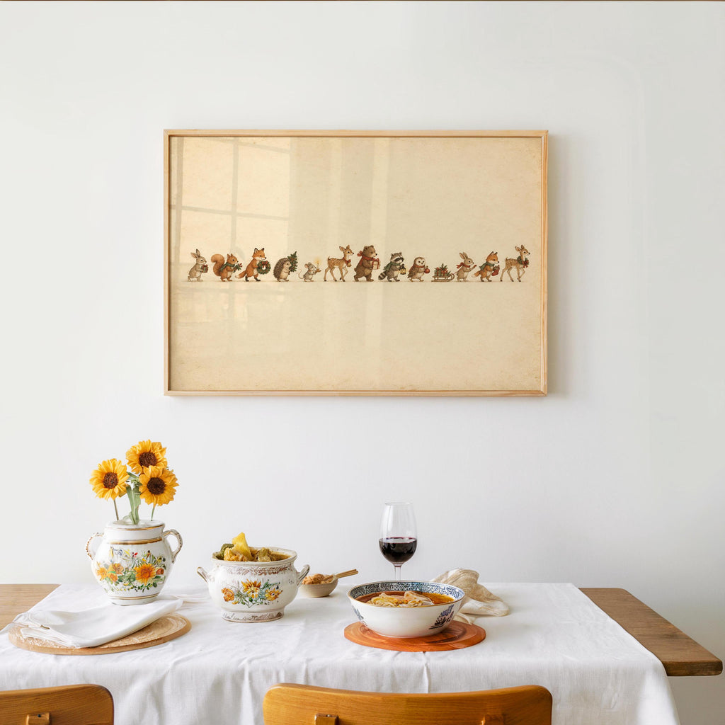 Woodland animal Christmas print above a set table for tea, pastries and warm brunch styling