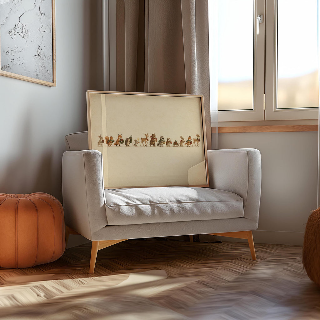 Woodland animal Christmas print propped on an armchair by a window, woven rug and pumpkin accent