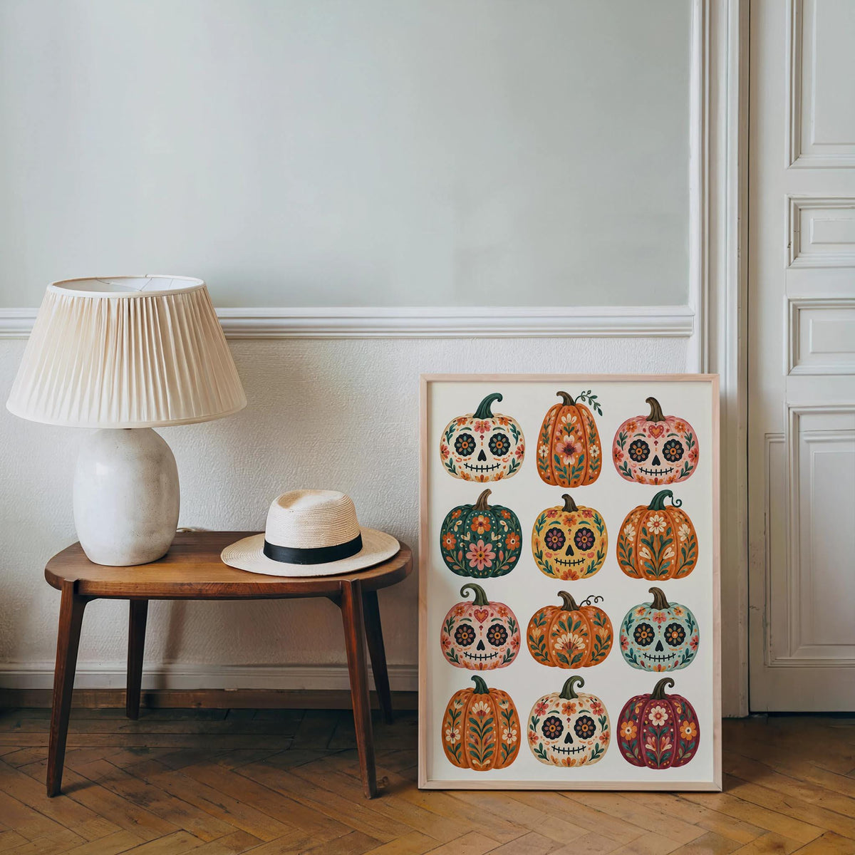 Mexican Pumpkin Wall Art, Dia de los Muertos Folk Print, Whimsical Calavera Colorful Halloween Autumn Decor, Mexico Sugar Skull Poster