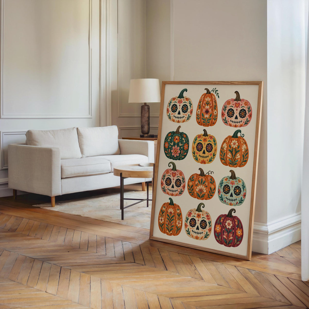 Mexican Pumpkin Wall Art, Dia de los Muertos Folk Print, Whimsical Calavera Colorful Halloween Autumn Decor, Mexico Sugar Skull Poster