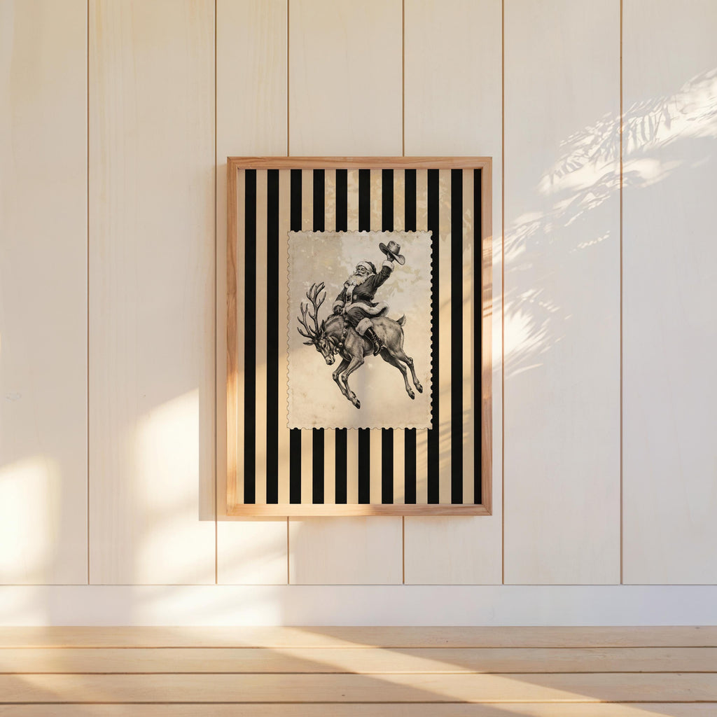 Cowboy Santa Rodeo Wall Art, Vintage Striped Western Christmas Print, Old Fashioned Post Stamp Santa Claus Decor, Holiday Season Sketch
