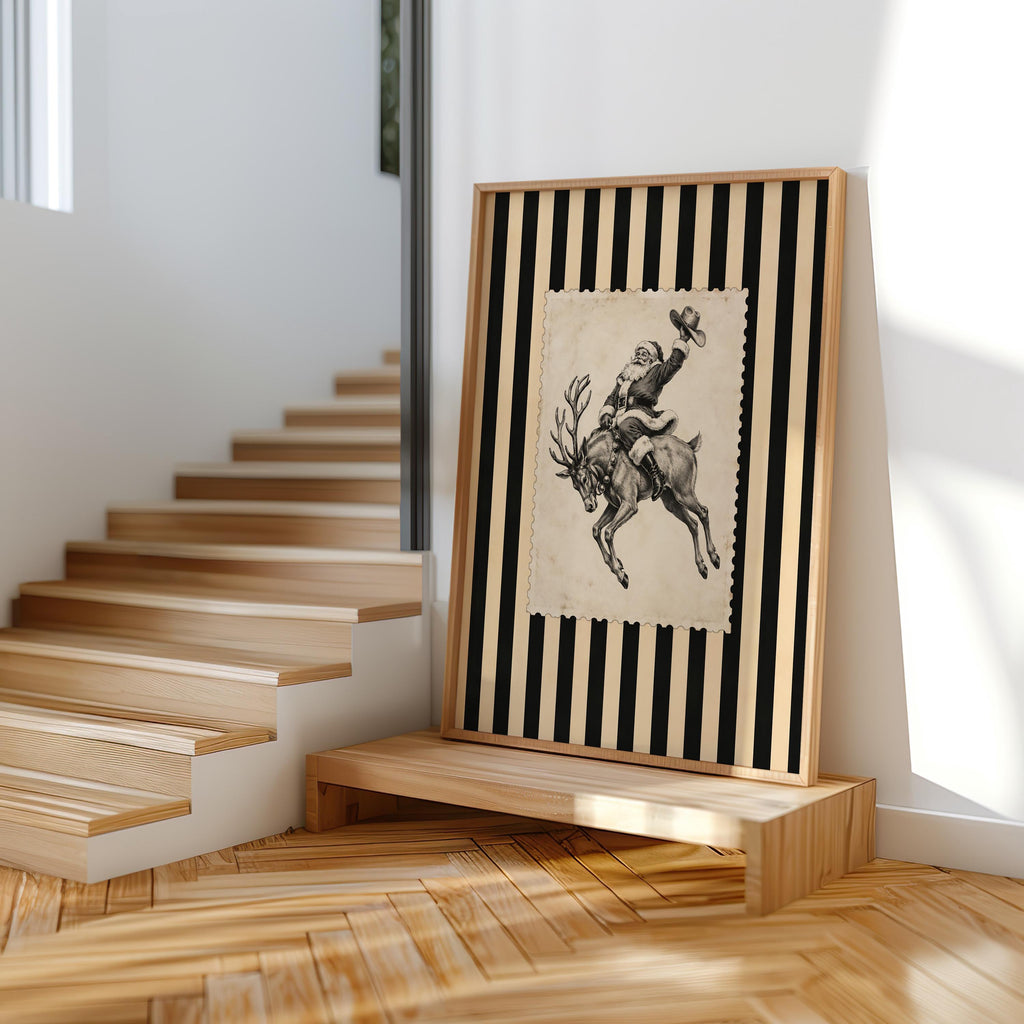 Cowboy Santa Rodeo Wall Art, Vintage Striped Western Christmas Print, Old Fashioned Post Stamp Santa Claus Decor, Holiday Season Sketch