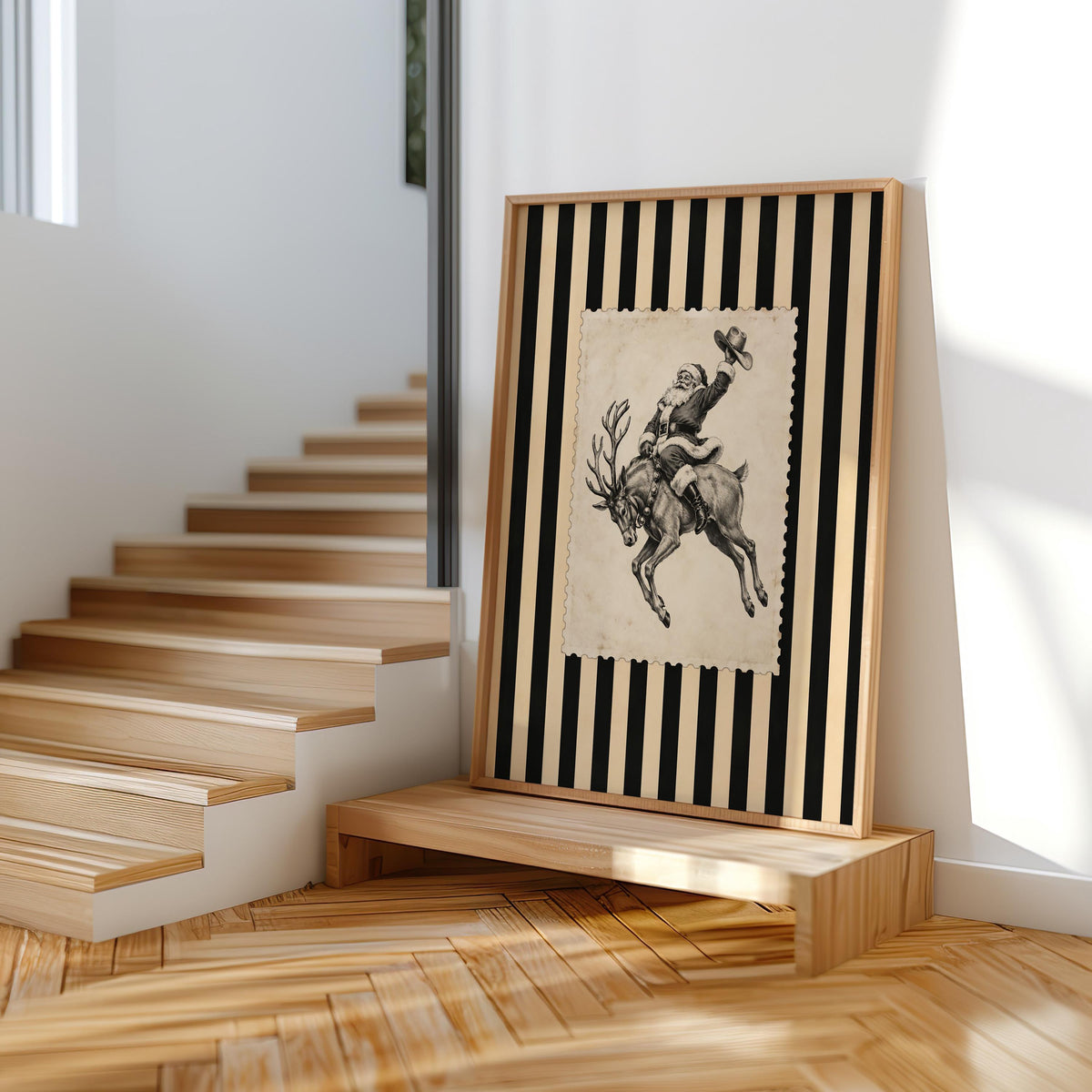 Cowboy Santa Rodeo Wall Art, Vintage Striped Western Christmas Print, Old Fashioned Post Stamp Santa Claus Decor, Holiday Season Sketch