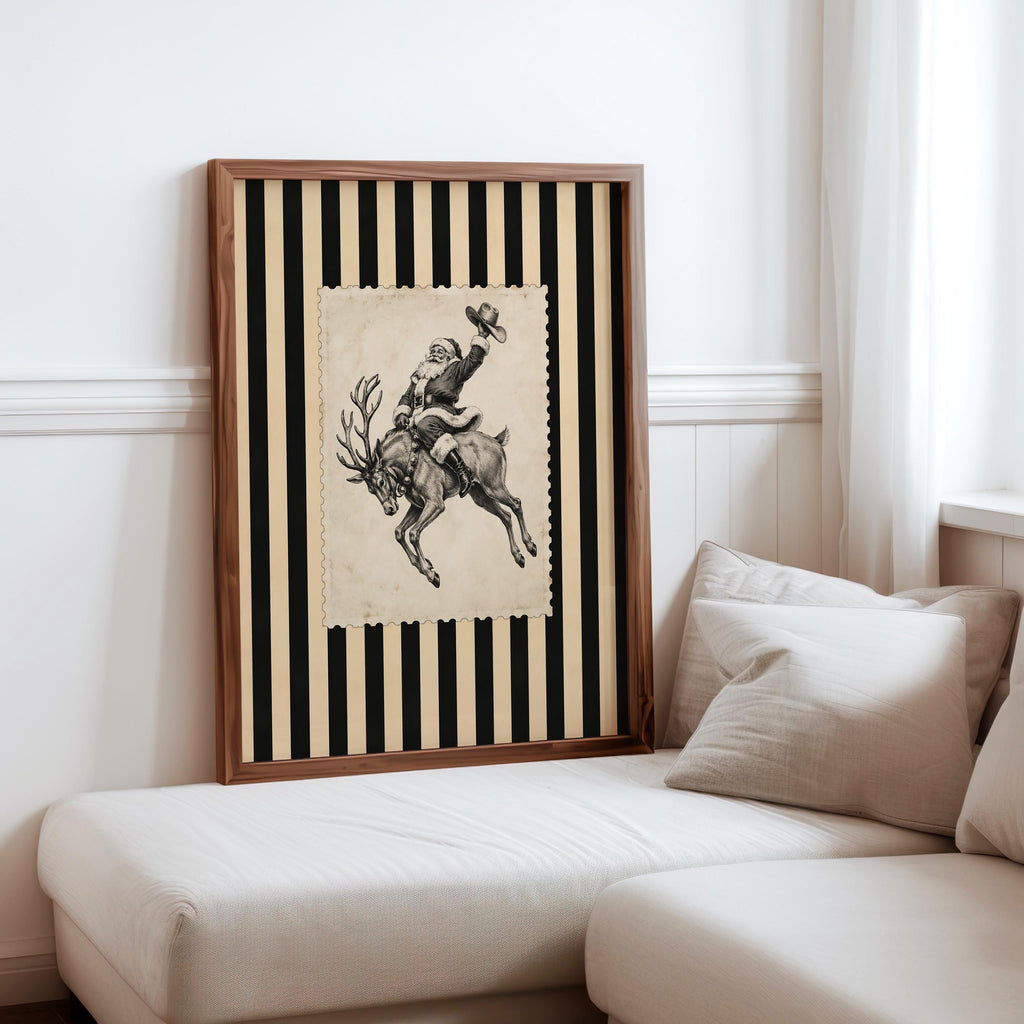 Cowboy Santa Rodeo Wall Art, Vintage Striped Western Christmas Print, Old Fashioned Post Stamp Santa Claus Decor, Holiday Season Sketch