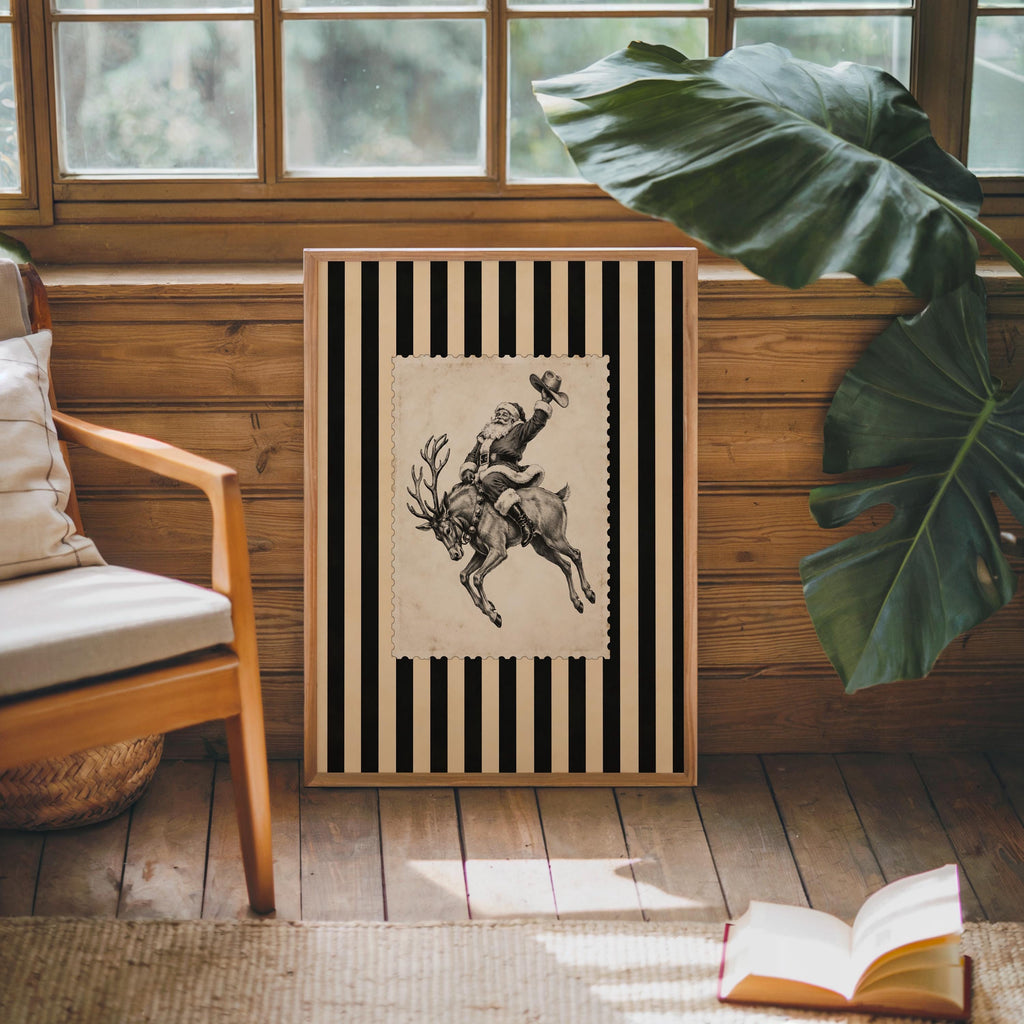 Cowboy Santa Rodeo Wall Art, Vintage Striped Western Christmas Print, Old Fashioned Post Stamp Santa Claus Decor, Holiday Season Sketch