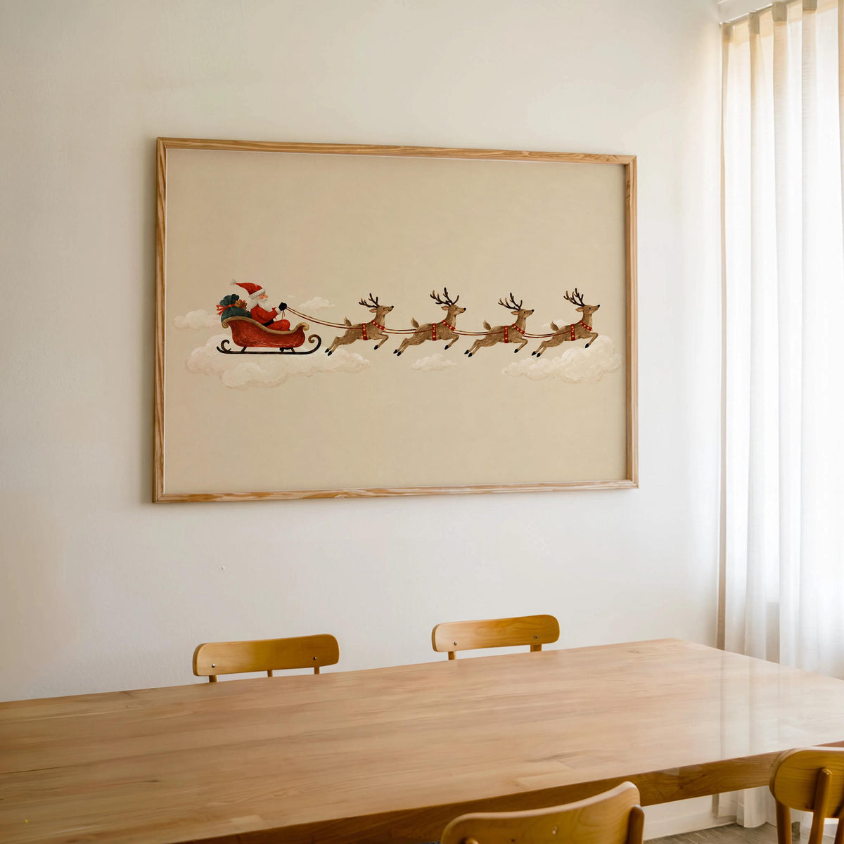 Santa Sleigh Reindeer Wall Art, Vintage Folk Christmas Illustration, Minimalist Holiday Print, Whimsical Winter Decor