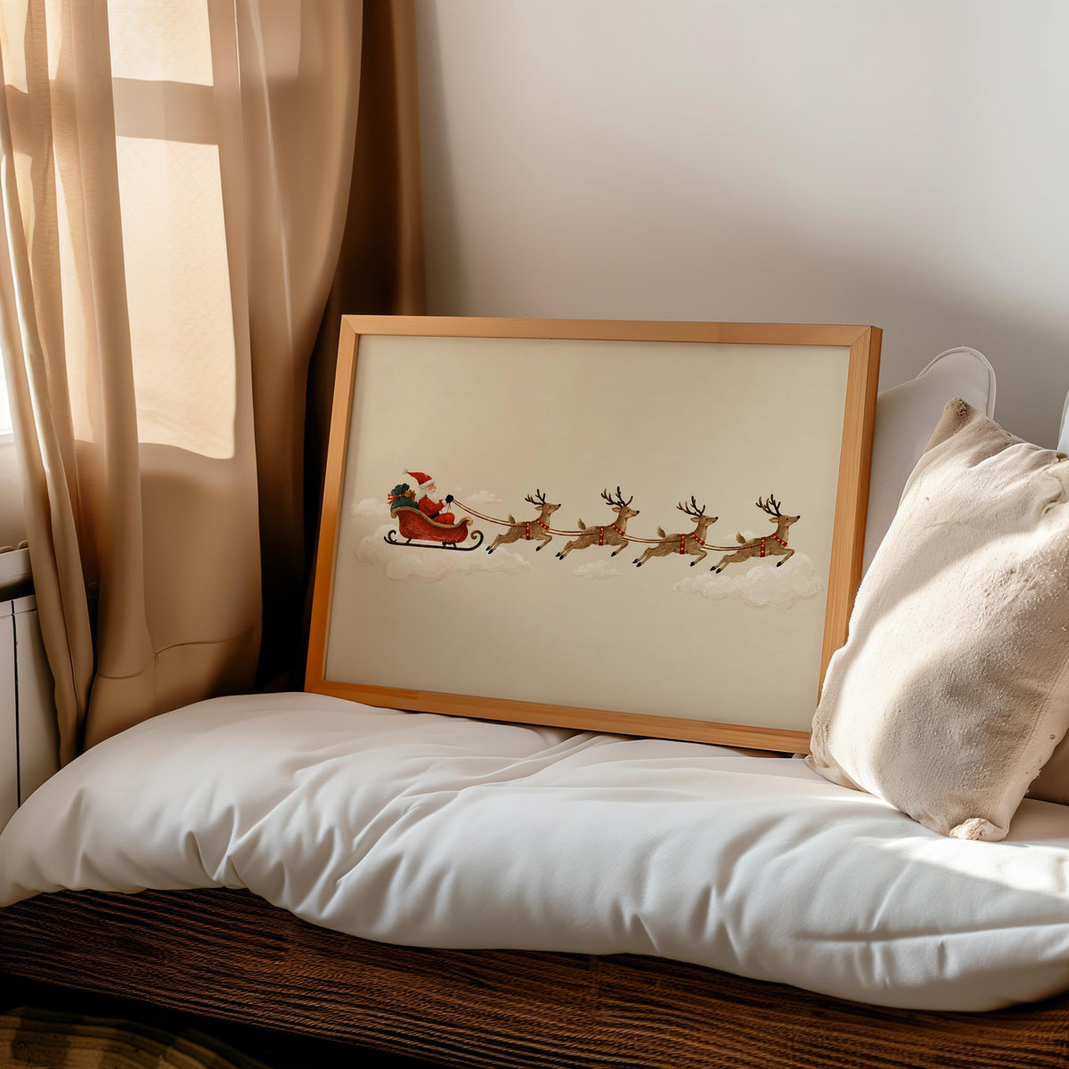 Santa Sleigh Reindeer Wall Art, Vintage Folk Christmas Illustration, Minimalist Holiday Print, Whimsical Winter Decor