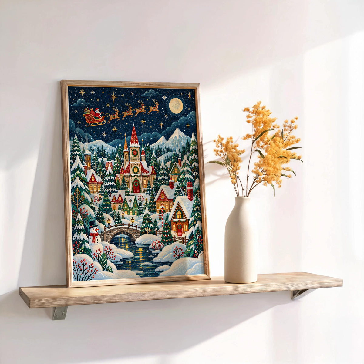 Christmas Village Night Folk Art, Vintage Xmas Illustration, Cozy Snowy Winter Holiday Decor, Whimsical Santa Claus Print, Kids Gift