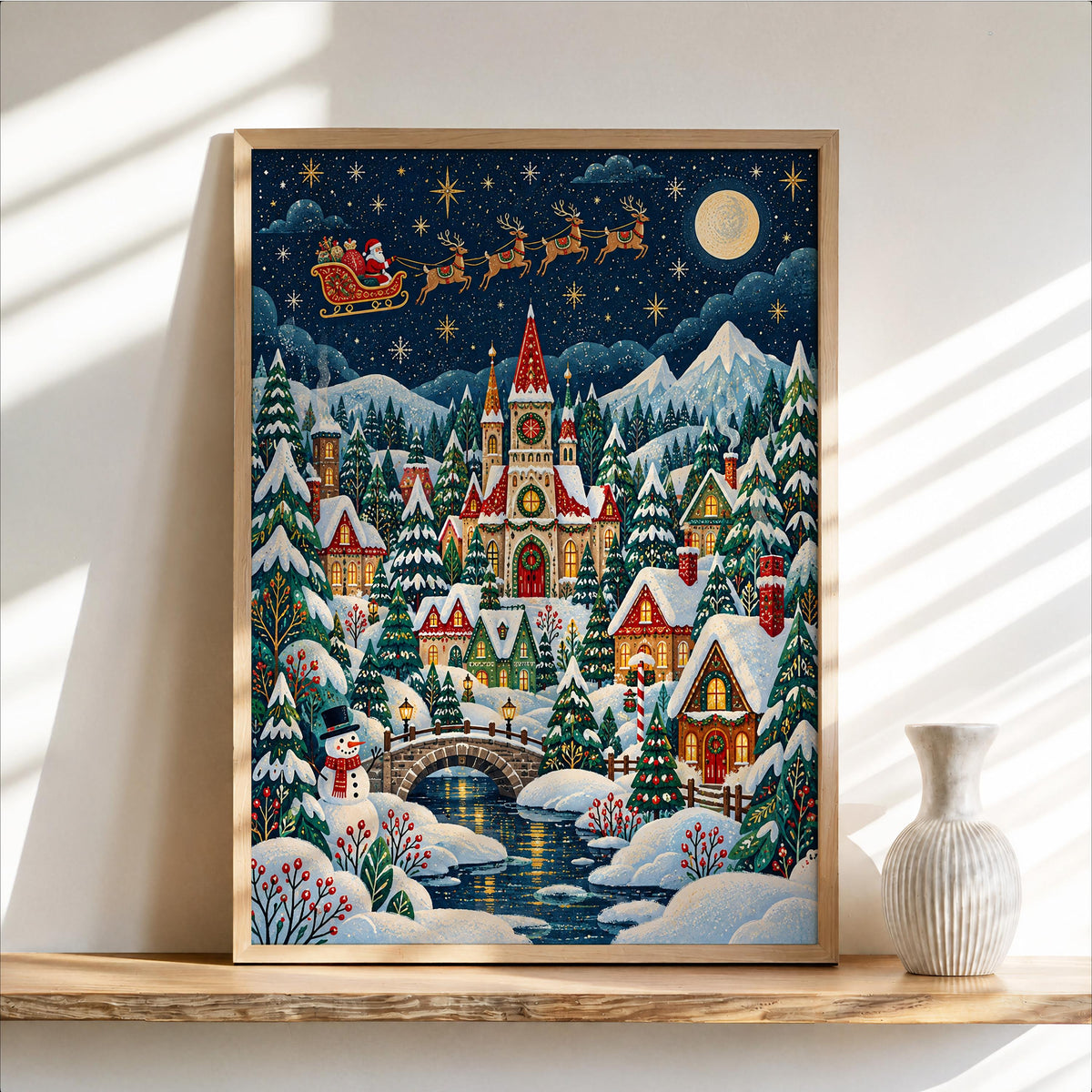 Christmas Village Night Folk Art, Vintage Xmas Illustration, Cozy Snowy Winter Holiday Decor, Whimsical Santa Claus Print, Kids Gift