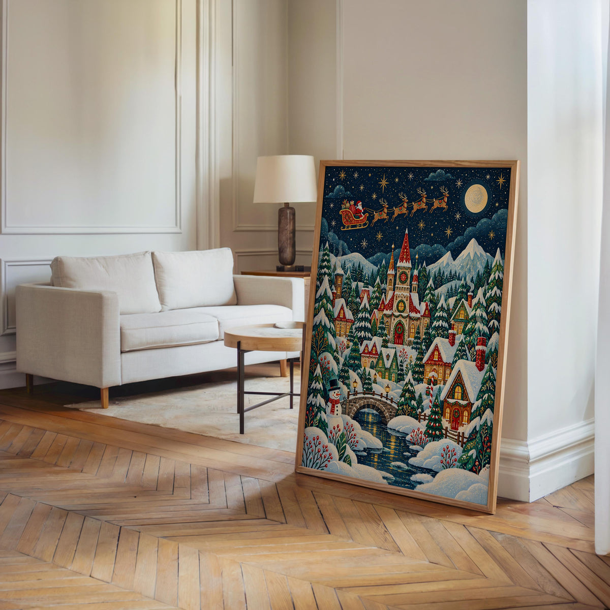 Christmas Village Night Folk Art, Vintage Xmas Illustration, Cozy Snowy Winter Holiday Decor, Whimsical Santa Claus Print, Kids Gift