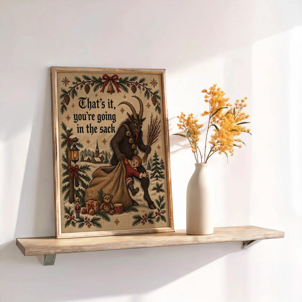 Krampus Christmas Wall Art, Funny That's It You're Going In Sack Print, German Folklore Poster, Gothic Xmas Decor Occult Winter Cross Stitch