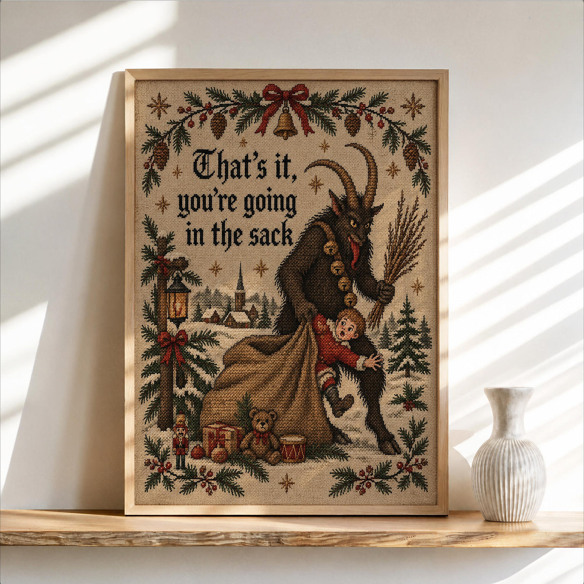 Krampus Christmas Wall Art, Funny That's It You're Going In Sack Print, German Folklore Poster, Gothic Xmas Decor Occult Winter Cross Stitch