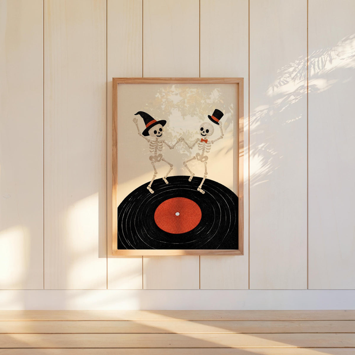 Dancing Skeleton Vinyl Record Wall Art, Retro Halloween Music Print, Spooky Party Poster, Gothic Home Decor, Music Lover Gift, Vinyl Gift