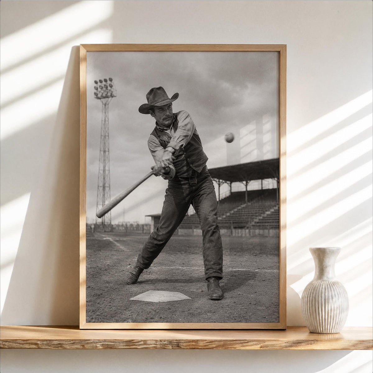 Cowboy Baseball Wall Art, Surreal Vintage Sports Photography, Western Americana Print, Funny Baseball Gift, Boys Room Decor