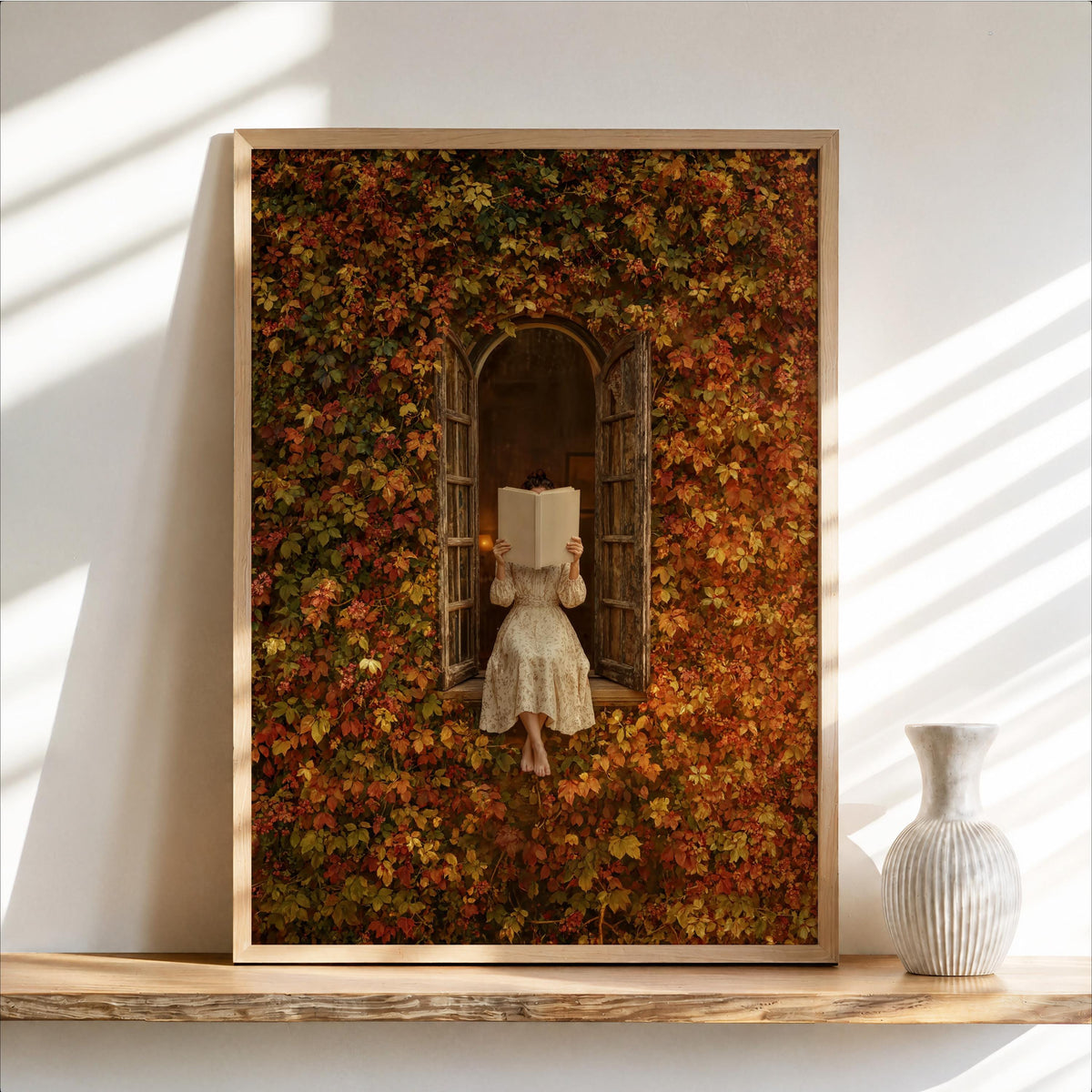 Autumn Woman Reading Window Print, Cozy Fall Book Lover Wall Art, Romantic Vintage Bookish Poster, Botanical Home Decor, Reader Gift