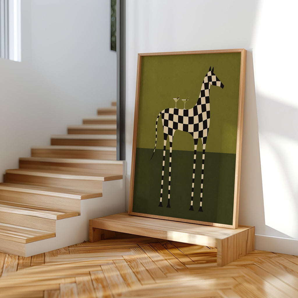 Checkerboard Horse Martini Print, Black and White Equestrian Poster, Cocktail Wall Art, Modern Abstract Decor, Zebra Lover Gift