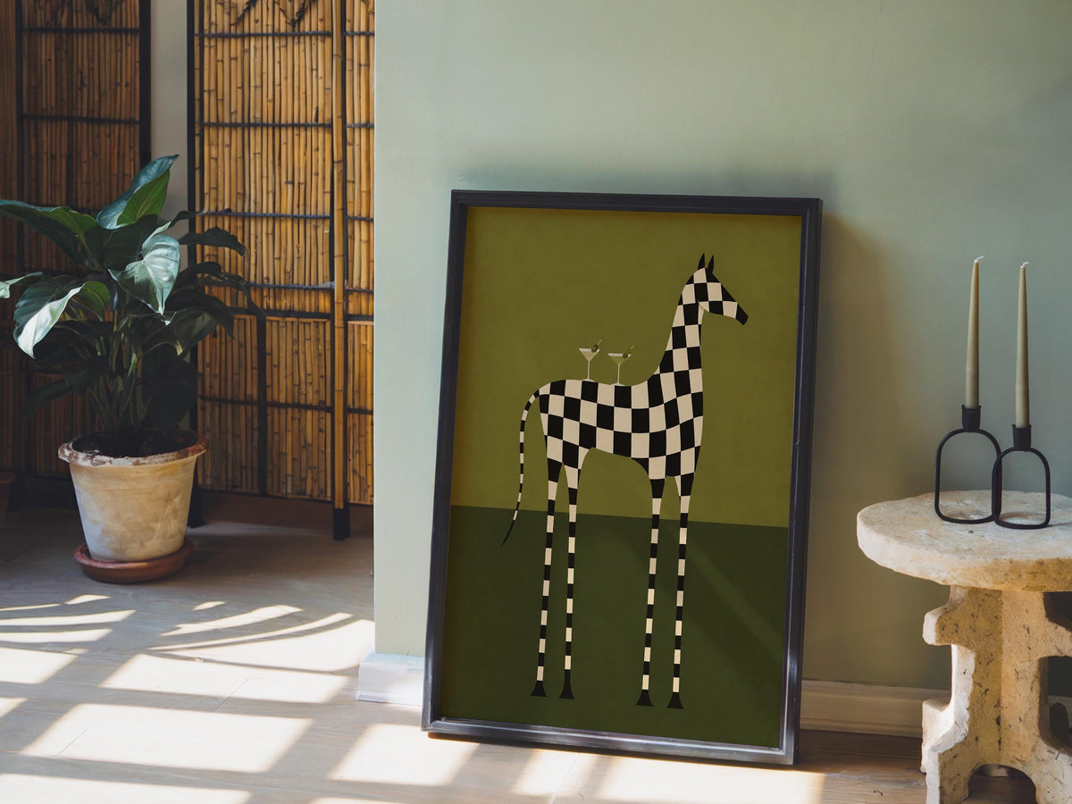 Checkerboard Horse Martini Print, Black and White Equestrian Poster, Cocktail Wall Art, Modern Abstract Decor, Zebra Lover Gift