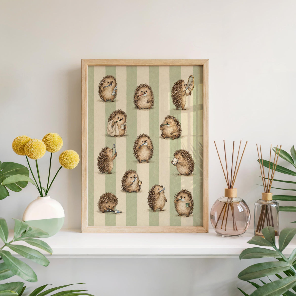 Hedgehog Brushing Teeth Print, Whimsical Animal & Toothbrush Wall Art, Vintage Green Stripe Poster, Cute Bathroom Decor, Retro Gift