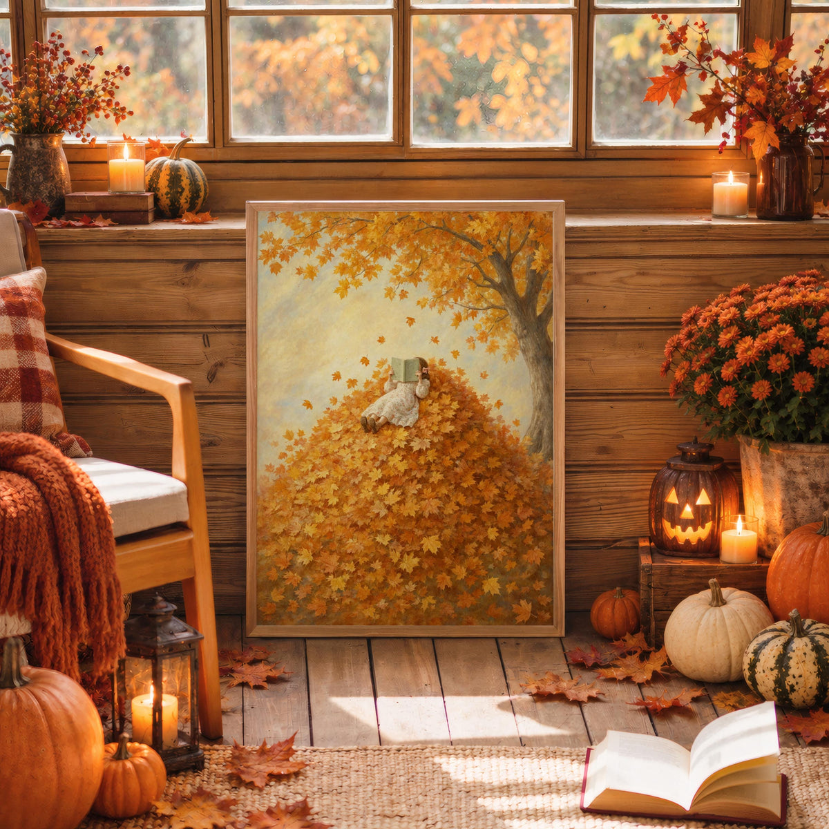 Girl Reading in Autumn Leaves Print, Vintage Storybook Wall Art, Fall Leaf Poster, Cozy Woodland Decor, Book Lover Gift, Botanical Woman