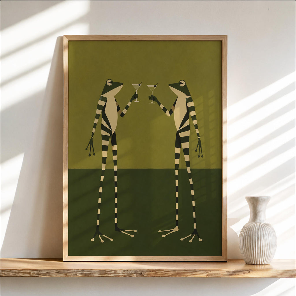 Striped Frogs Martini Print, Vintage Frog Wall Art, Abstract Funny Poster, Quirky Cocktail Decor, Retro Bar Artwork, Animal Lover Gift