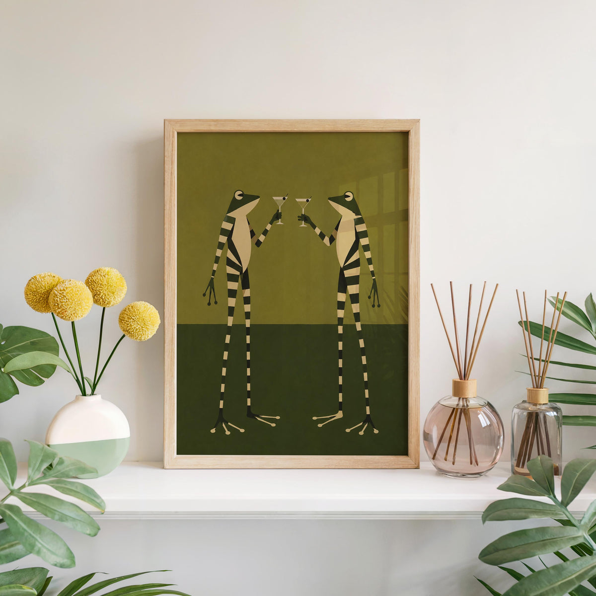 Striped Frogs Martini Print, Vintage Frog Wall Art, Abstract Funny Poster, Quirky Cocktail Decor, Retro Bar Artwork, Animal Lover Gift