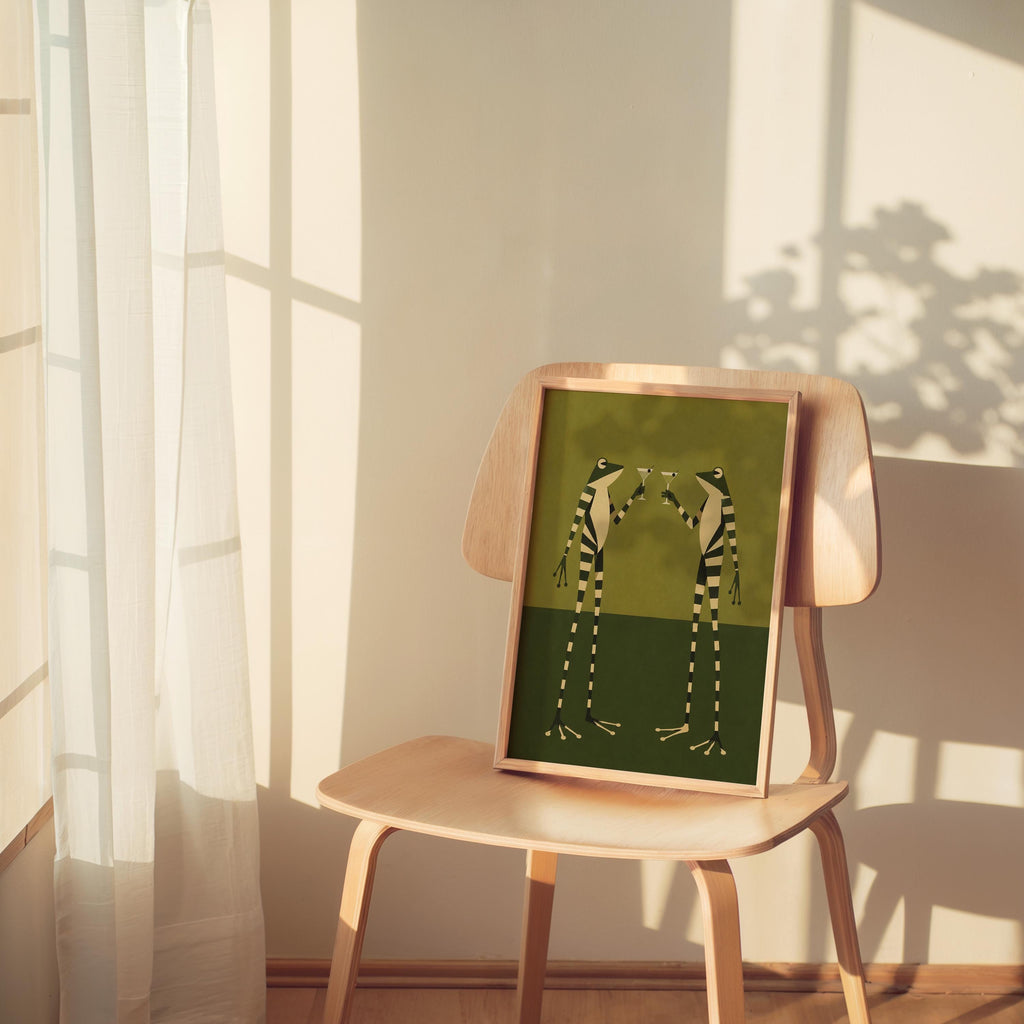 Striped Frogs Martini Print, Vintage Frog Wall Art, Abstract Funny Poster, Quirky Cocktail Decor, Retro Bar Artwork, Animal Lover Gift