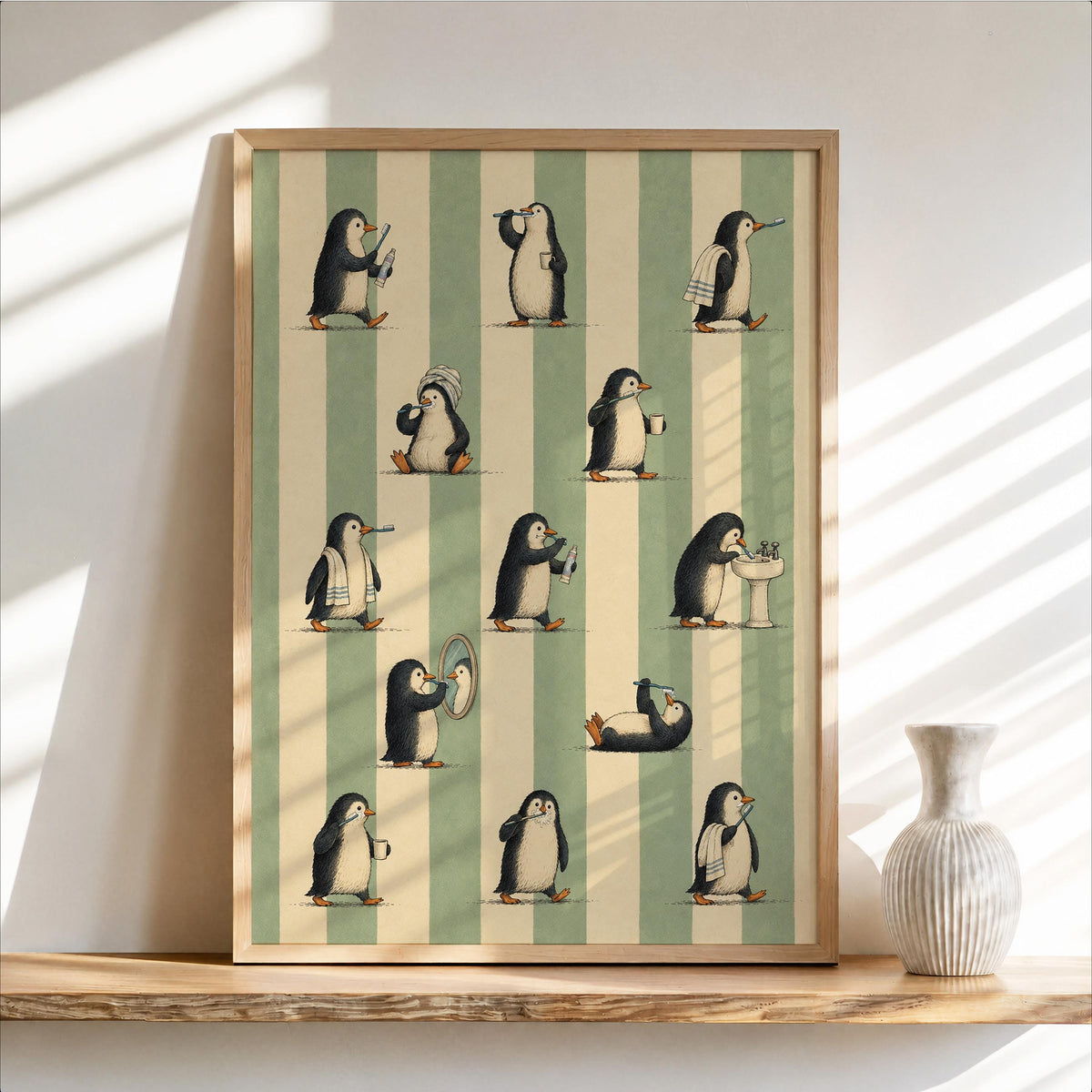Framed penguin bathroom wall art leaning on a wooden shelf, sage green stripes, ceramic vase and sunlit shadows