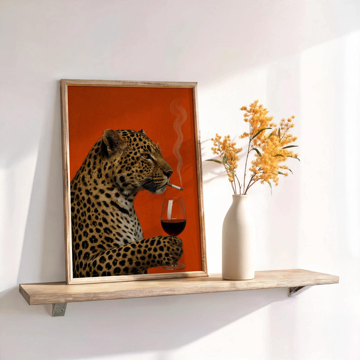 Leopard with Wine & Cigarette Print, Bold Big Cat Poster, Vintage Animal Wall Art, Red Maximalist Decor, Funny Sophisticated Gift