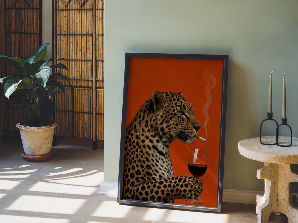 Leopard with Wine & Cigarette Print, Bold Big Cat Poster, Vintage Animal Wall Art, Red Maximalist Decor, Funny Sophisticated Gift