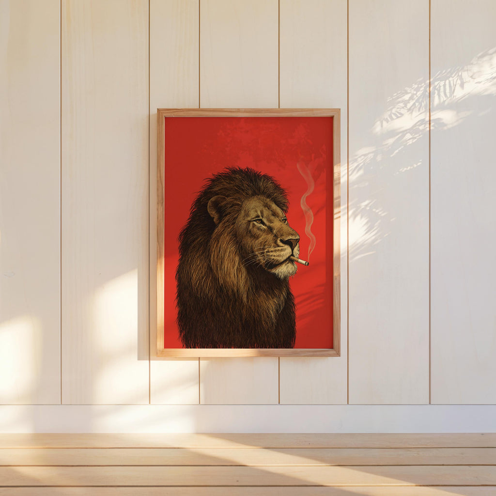 Lion Smoking Cigarette Print, Retro Big Cat Poster, Funny Bold Red Wall Art, Maximalist Animal Decor, Stylish Safari Gift for Men