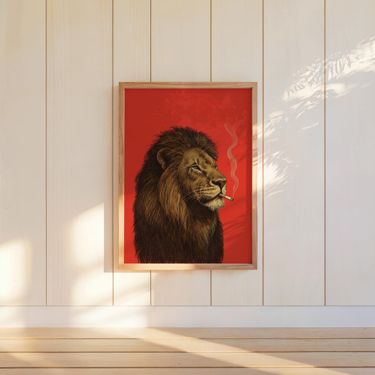 Lion Smoking Cigarette Print, Retro Big Cat Poster, Funny Bold Red Wall Art, Maximalist Animal Decor, Stylish Safari Gift for Men
