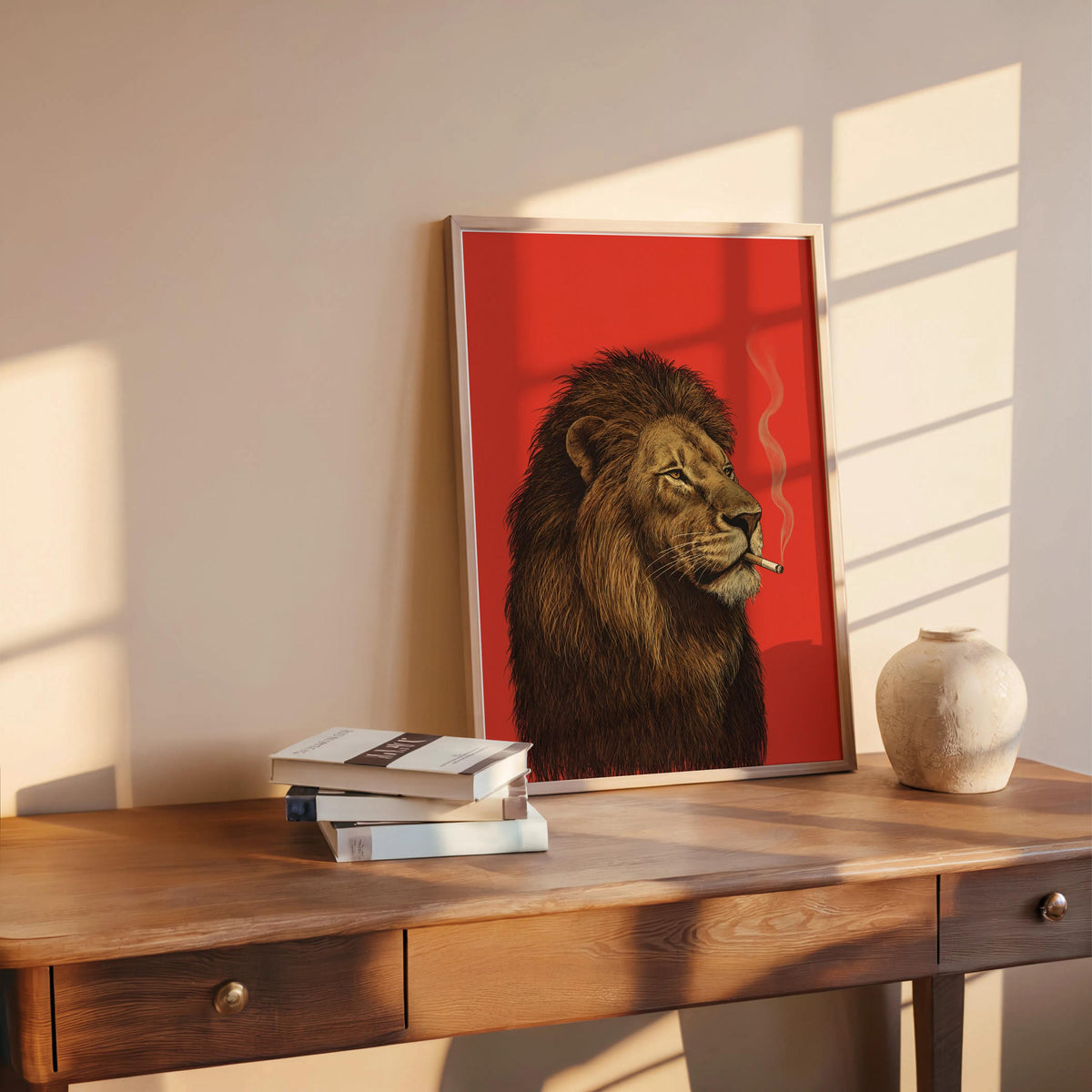 Lion Smoking Cigarette Print, Retro Big Cat Poster, Funny Bold Red Wall Art, Maximalist Animal Decor, Stylish Safari Gift for Men