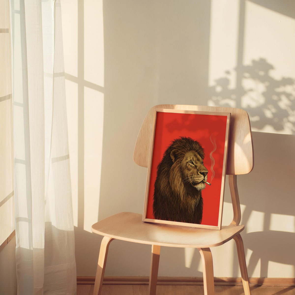 Lion Smoking Cigarette Print, Retro Big Cat Poster, Funny Bold Red Wall Art, Maximalist Animal Decor, Stylish Safari Gift for Men