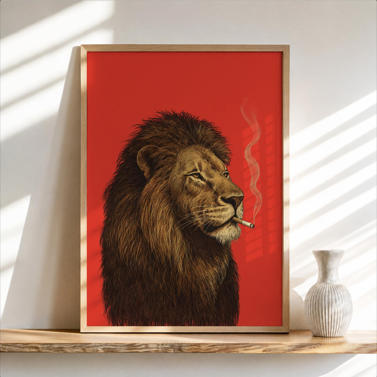 Lion Smoking Cigarette Print, Retro Big Cat Poster, Funny Bold Red Wall Art, Maximalist Animal Decor, Stylish Safari Gift for Men
