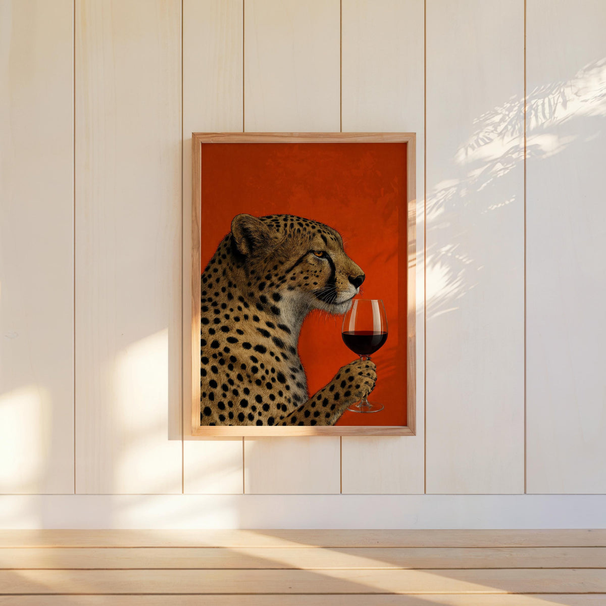 Cheetah wine wall art hung on white paneled wall, bold rust background, perfect bar cart decor accent.