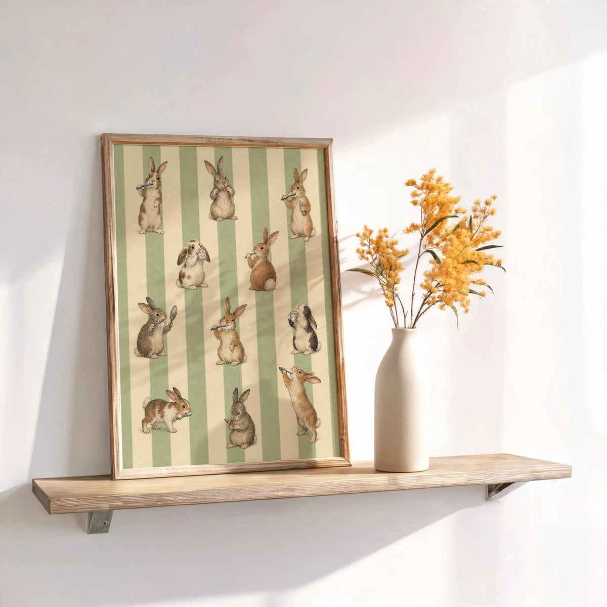 Bunny Brushing Teeth Print, Vintage Rabbit Poster, Green Stripes Wall Decor, Toothbrush Animal Illustration, Cottagecore Bathroom Art