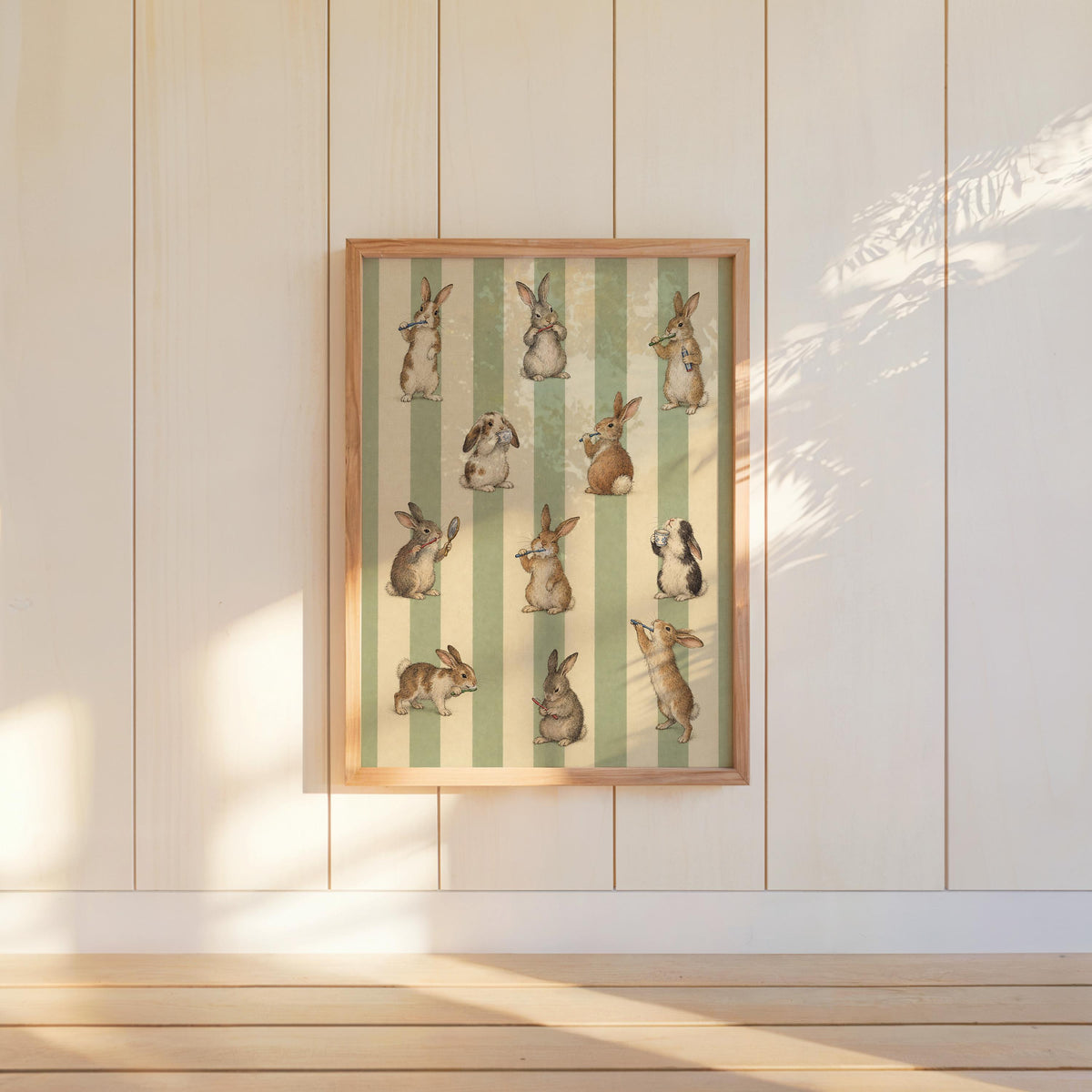 Bunny Brushing Teeth Print, Vintage Rabbit Poster, Green Stripes Wall Decor, Toothbrush Animal Illustration, Cottagecore Bathroom Art