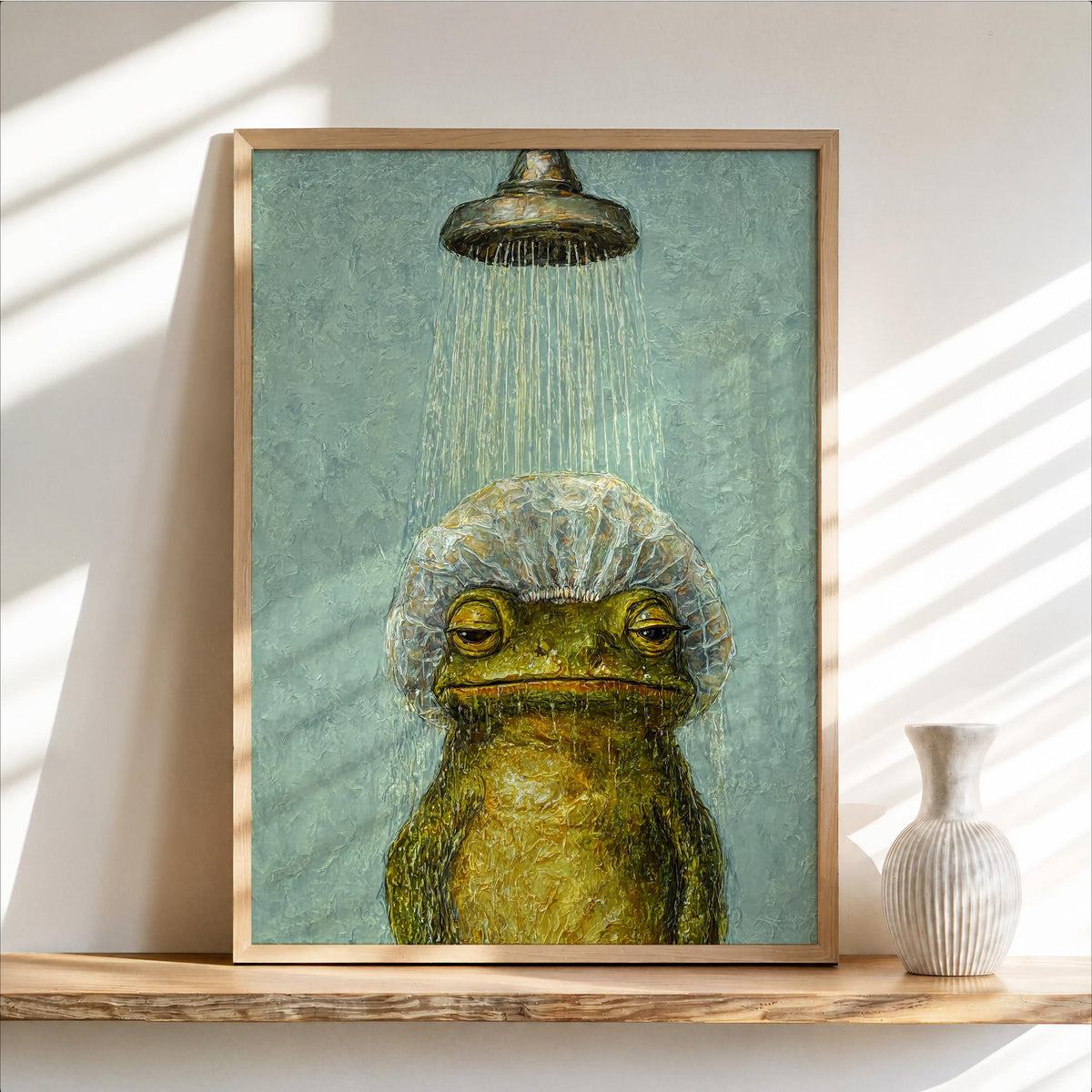 Funny Shower Frog Wall Art, Vintage Bathroom Poster, Grumpy Frog Illustration, Retro Animal Decor, Quirky Restroom Print, Kids Decor