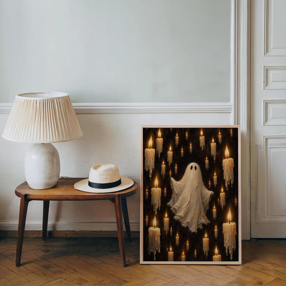 Halloween Ghost & Candles Print, Gothic Wall Decor, Haunted Candle Poster, Spooky Vintage Halloween Art, Dark Home Decoration