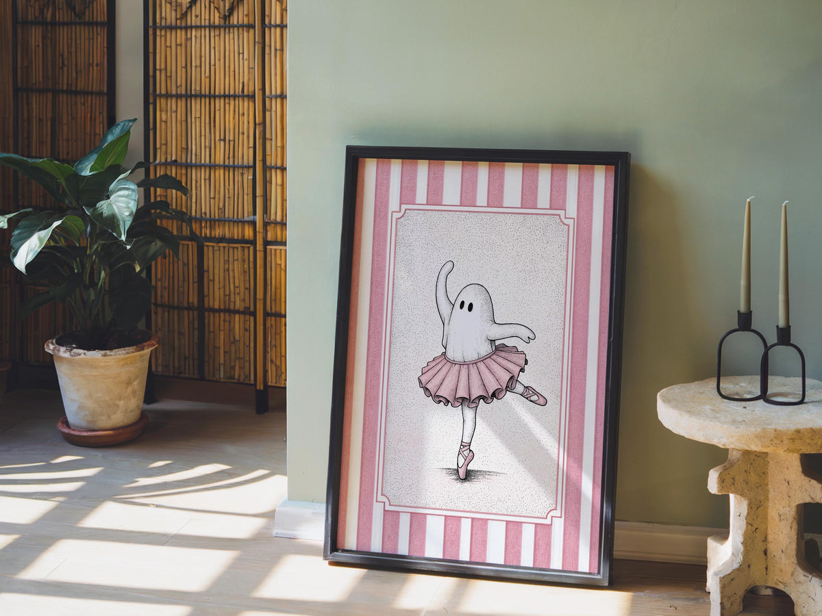 Ballerina ghost poster propped on the floor beside a potted plant, soft shadows, whimsical ghost ballet wall art