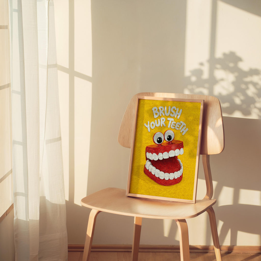 Brush Your Teeth Poster, Funny Kids Bathroom Wall Art, Retro Toothbrush Illustration, Playful Dental Decor, Quirky Dentist Gift