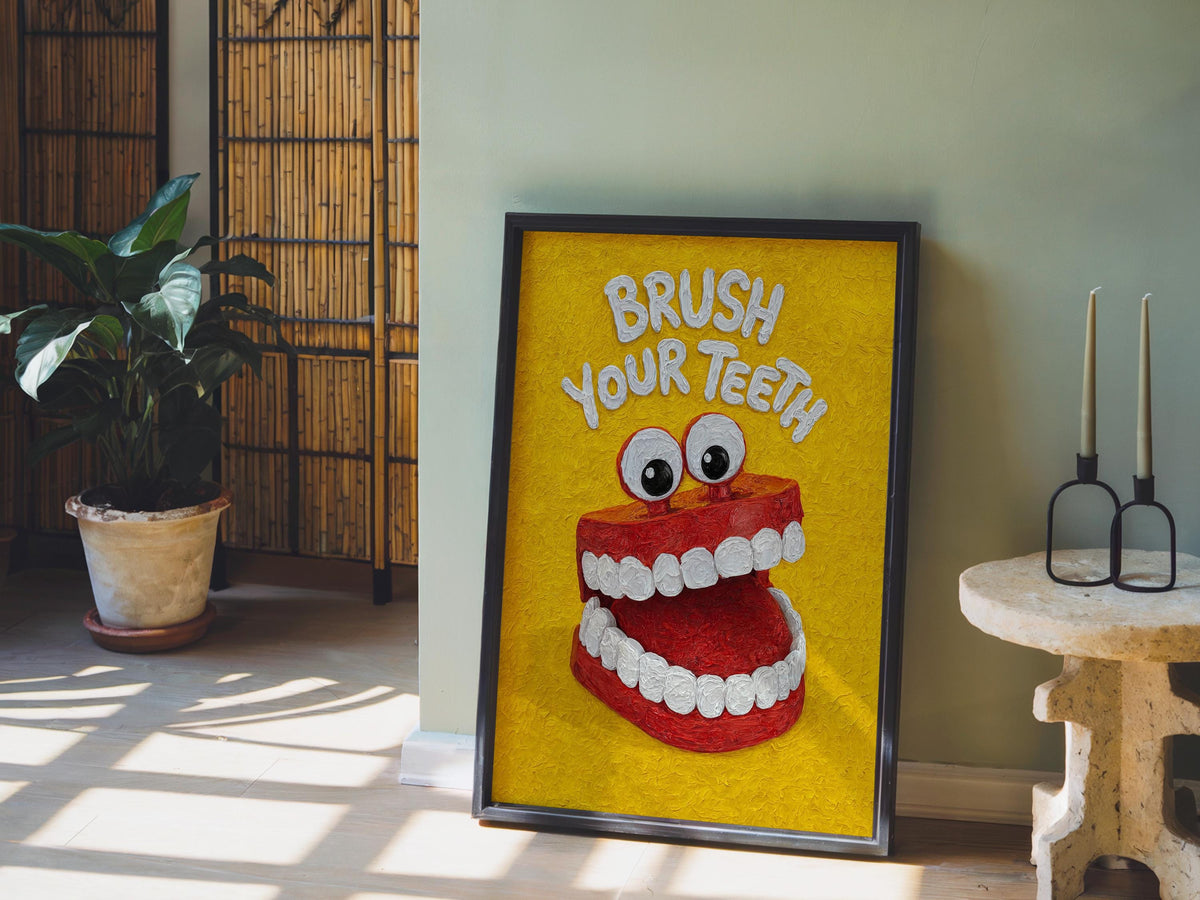 Brush Your Teeth Poster, Funny Kids Bathroom Wall Art, Retro Toothbrush Illustration, Playful Dental Decor, Quirky Dentist Gift