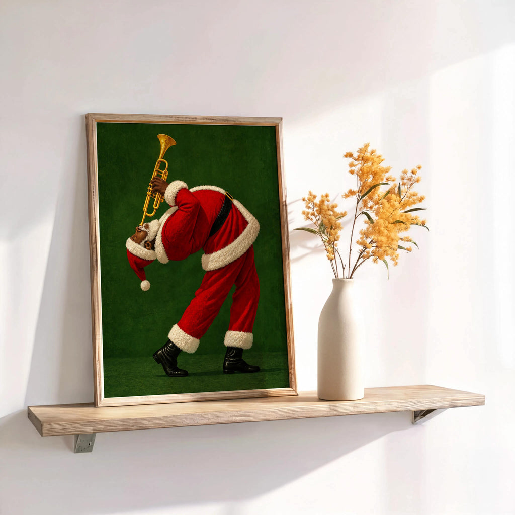 Black Santa Playing Trumpet Print, Funny Christmas Wall Art, African American Holiday Poster, Retro Afrocentric Jazz Music Decor, Music
