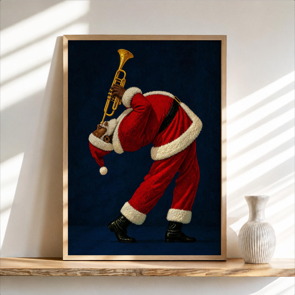 Black Santa Playing Trumpet Print, Funny Christmas Wall Art, African American Holiday Poster, Retro Afrocentric Jazz Music Decor, Music