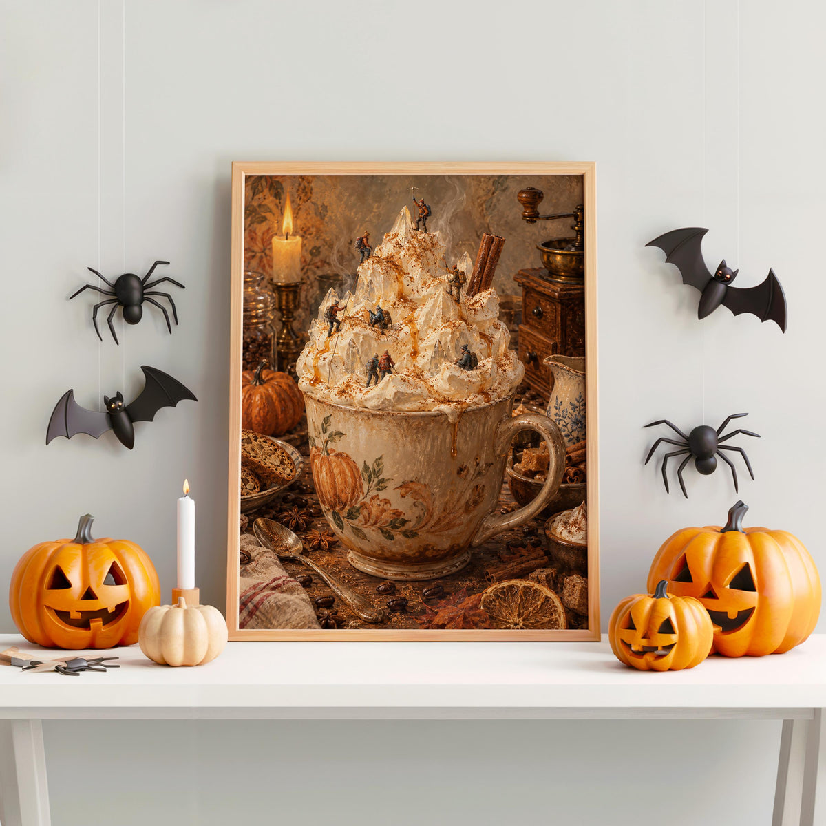 Pumpkin Spice Latte Halloween Print, Miniature Witches Wall Art, Cozy Fall Coffee Poster, Spooky Autumn Kitchen Decor, Tiny People Gift