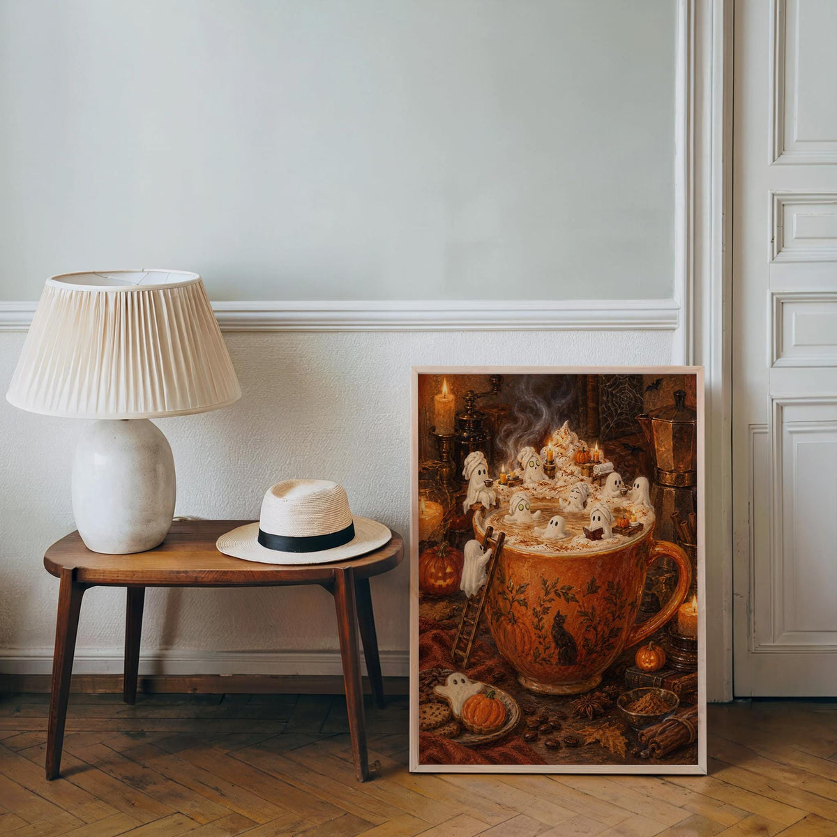 Ghost Halloween Pumpkin Spice Latte Print, Marshmallow Ghosts Wall Art, Cozy Fall Coffee Poster, Spooky Kitchen Decor, Autumn Gift