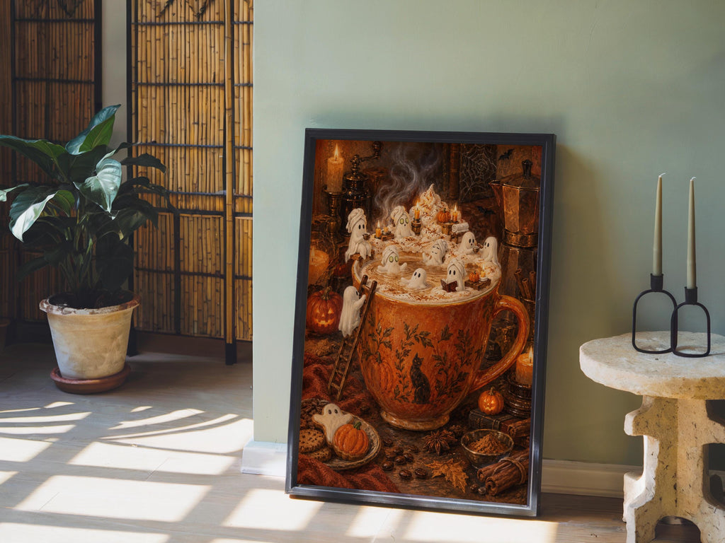 Ghost Halloween Pumpkin Spice Latte Print, Marshmallow Ghosts Wall Art, Cozy Fall Coffee Poster, Spooky Kitchen Decor, Autumn Gift