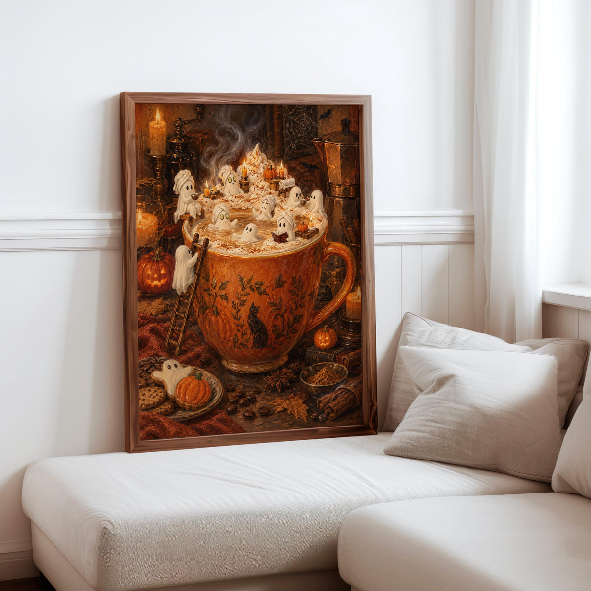 Ghost Halloween Pumpkin Spice Latte Print, Marshmallow Ghosts Wall Art, Cozy Fall Coffee Poster, Spooky Kitchen Decor, Autumn Gift